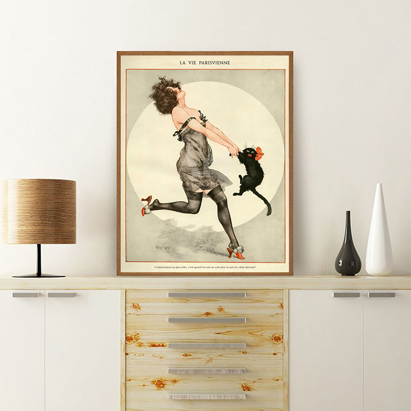 Vintage Fashion Magazine Covers - Wanita dan Kucing Hitam Menari Poster