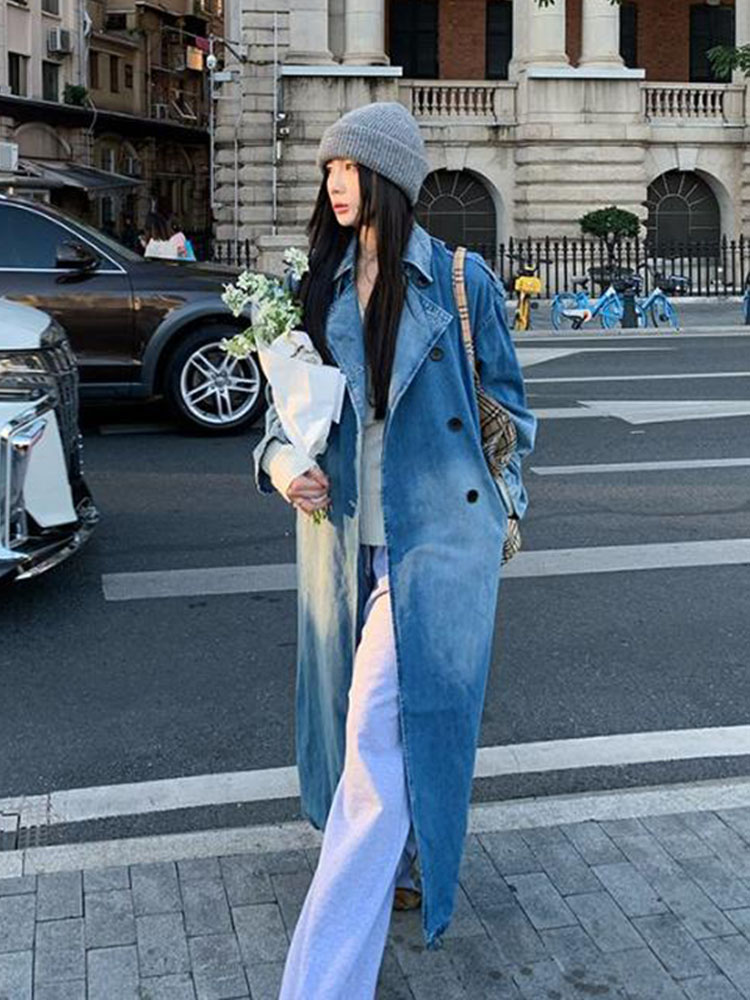 Mantel parit denim double brea - Vintage Trench Coat ulasan dan harga