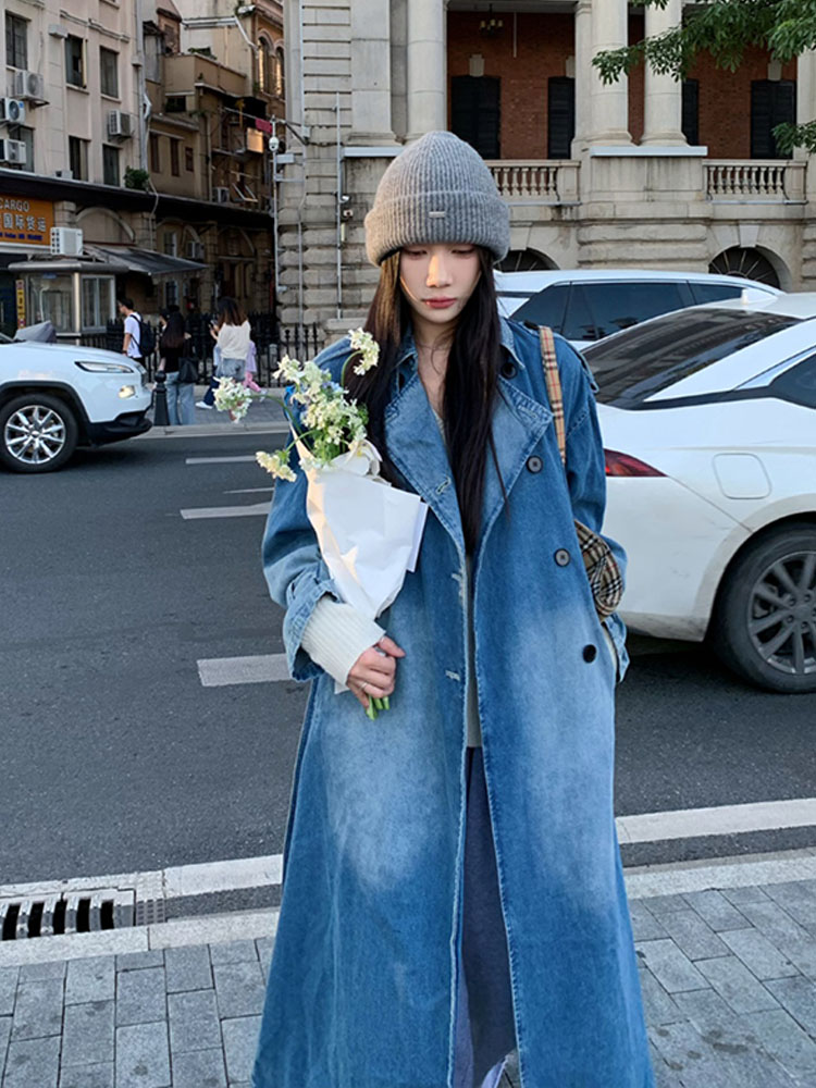 Mantel parit denim double brea - Vintage Trench Coat ulasan dan harga